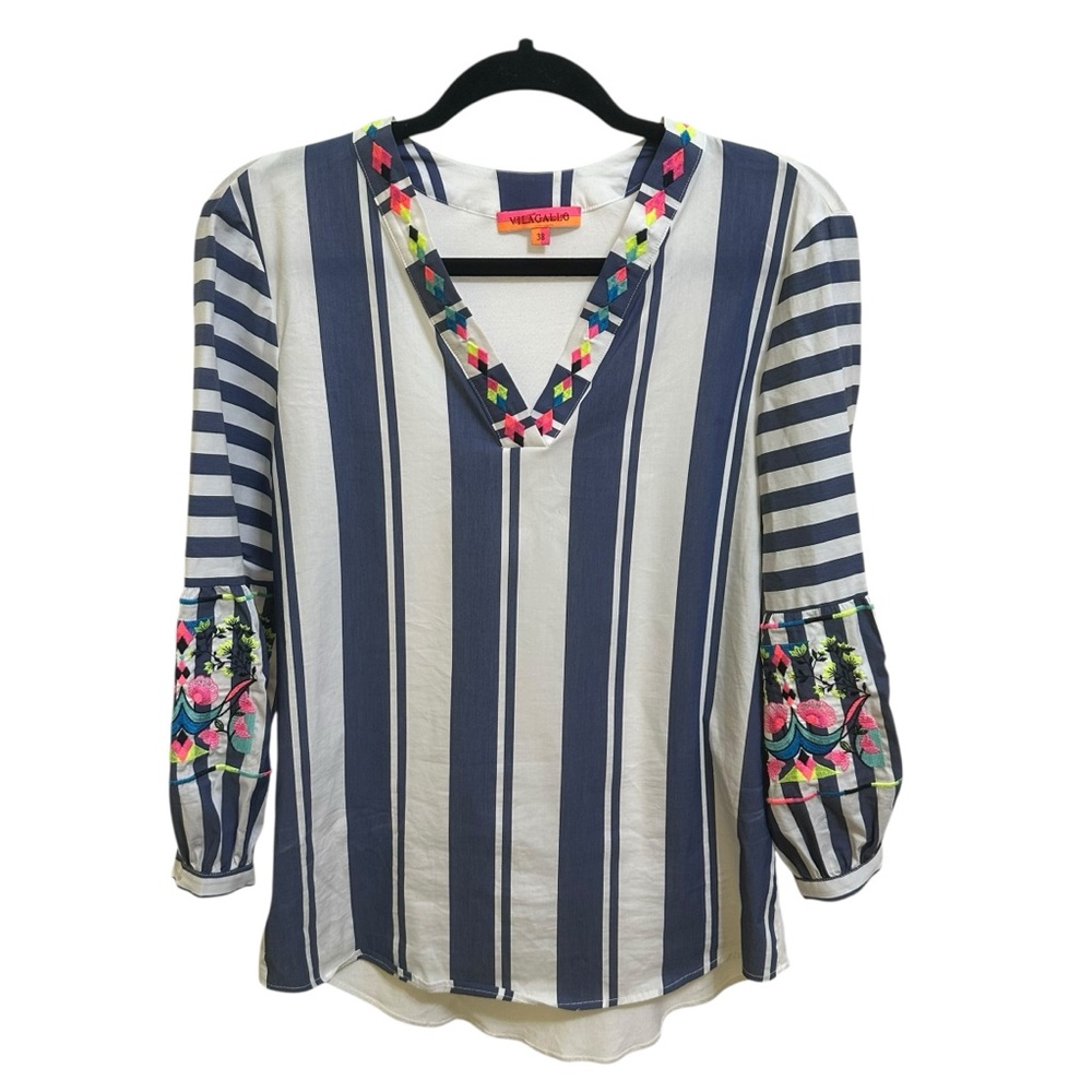 Vilagallo Embroidered Stripe Blouse Boho Colorful V Neck 3/4 Sleeve EU‎ 38